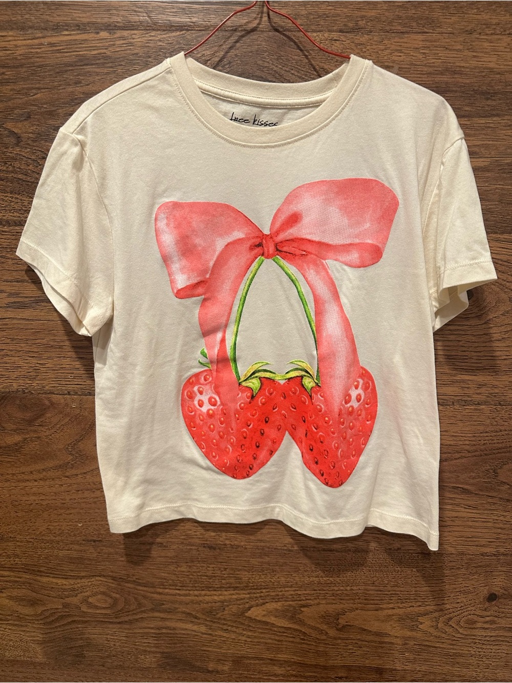 Free Kisses Small Cream Tee with Pink Bow & Red Strawberry Graphic